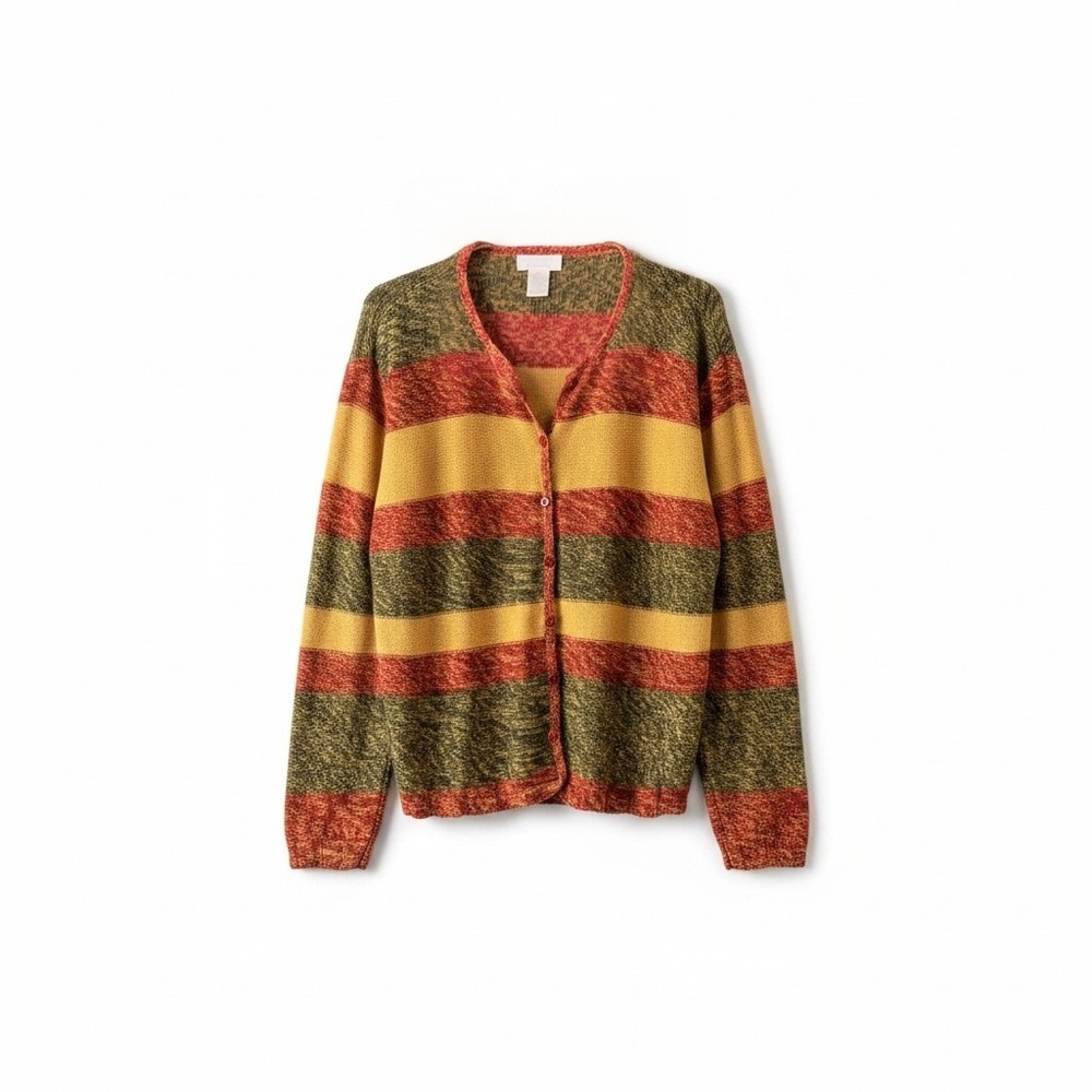 Christopher & Banks Striped Knit Cardigan Yellow Red Green XL Ramie Cotton Blend